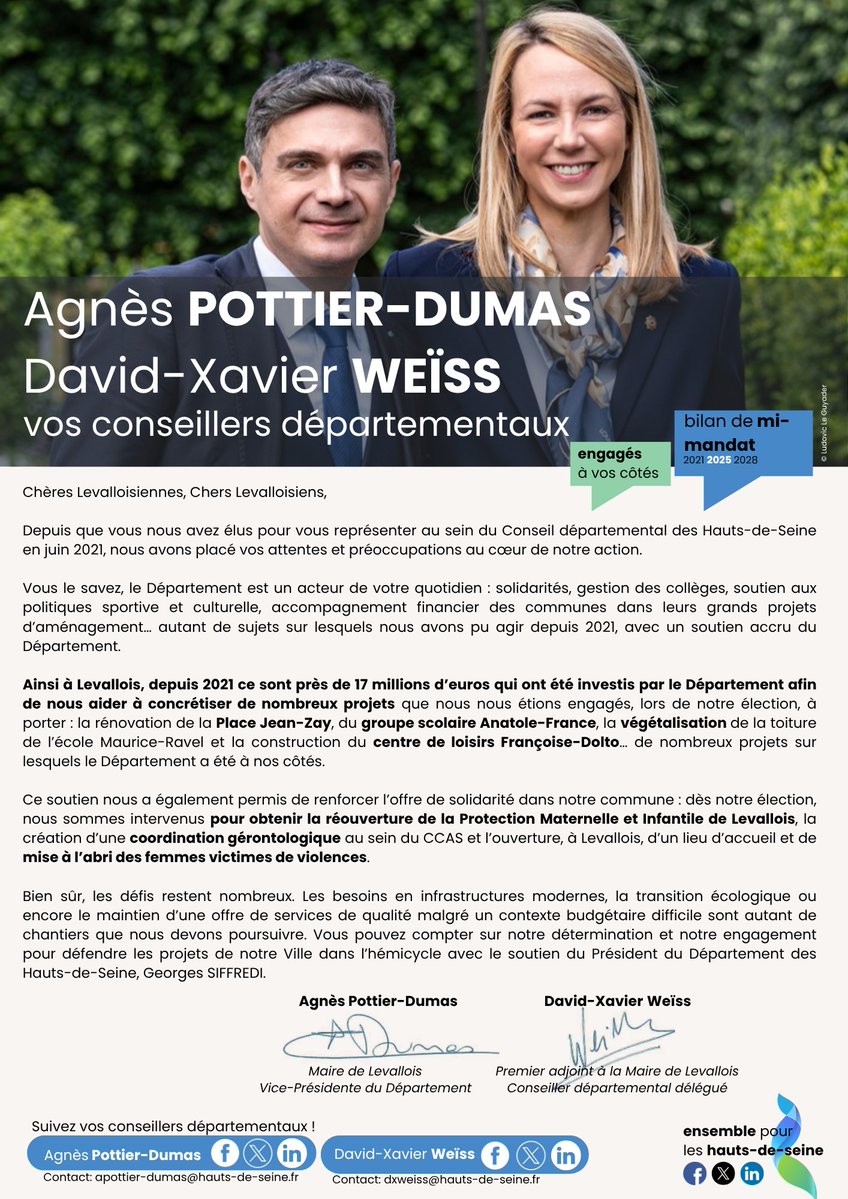 Majorite92's tweet image. Bilan de mi-mandat (2021-2028) – Levallois-Perret
Un engagement fort pour une ville à l’écoute de tous ses habitants, c’est le bilan de mi-mandat de vos conseillers départementaux @AgnesPottierD et @DXWEISS92300 à Levallois !
Pour en savoir plus, c’est à lire ici ⤵️