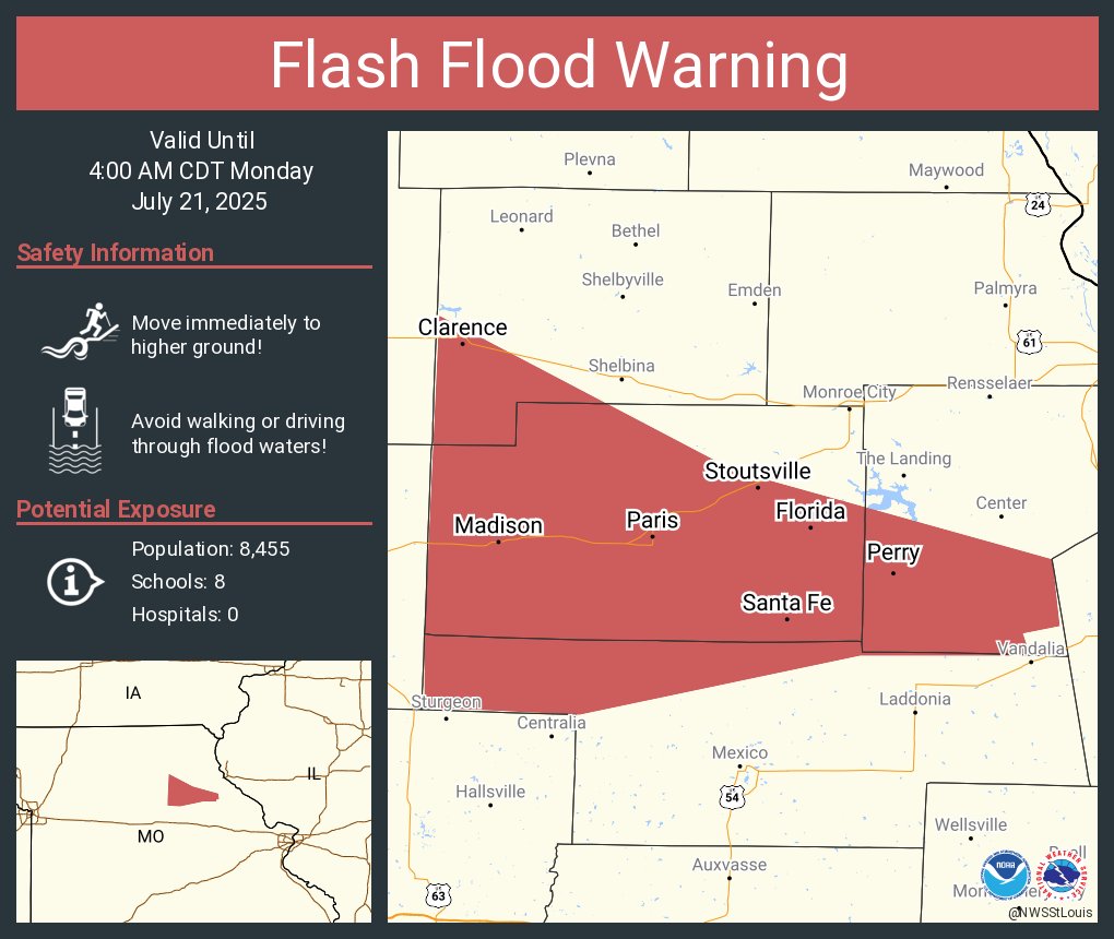 NWSStLouis's tweet image. Flash Flood Warning continues for Paris MO, Clarence MO and Perry MO until 4:00 AM CDT