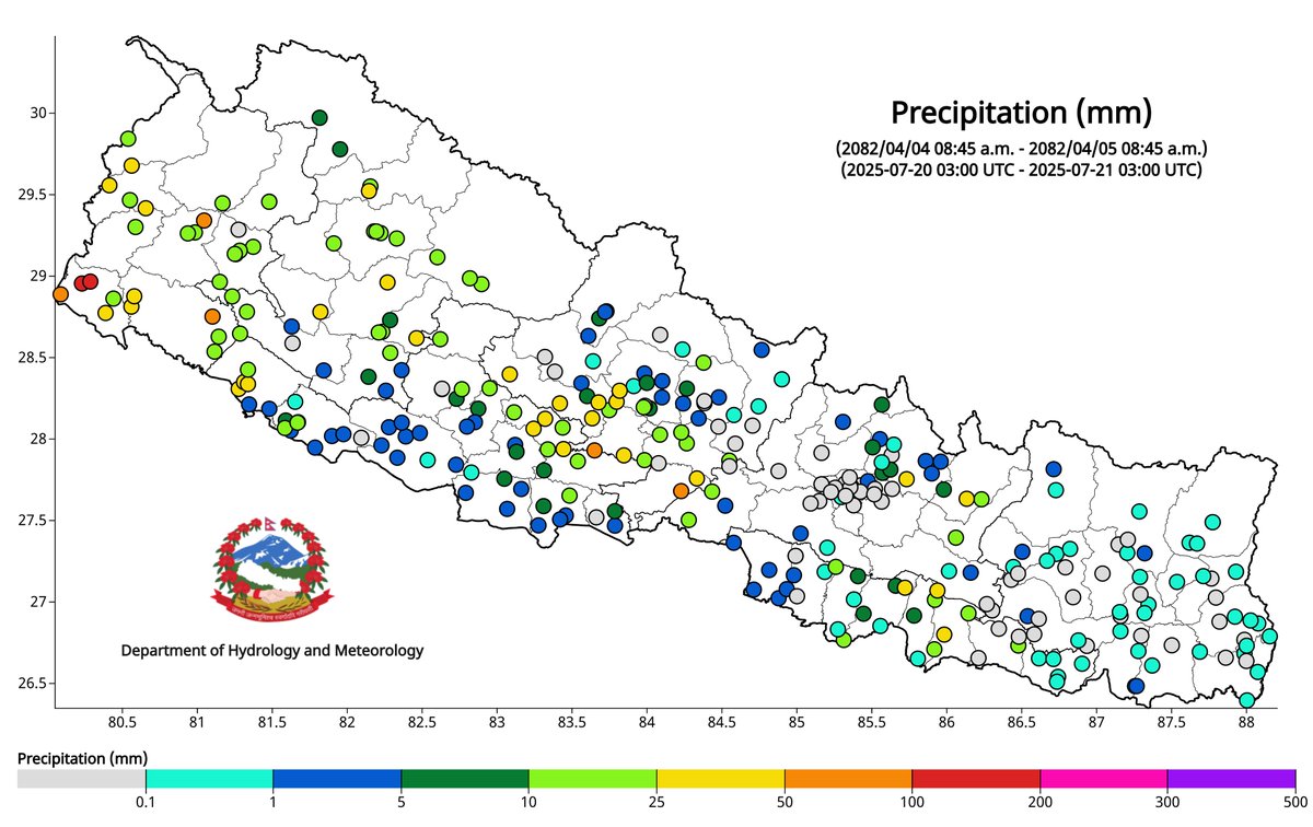 ClimateDhm's tweet image. #Daily_Weather_Summary_21st_July_2025
The highest daily precipitation (133.0mm) is recorded at Mahendranagar (Kanchanpur) today. The highest temperature (36.0°C) is recorded at Siraha (Siraha) and the lowest (11.2°C) at Humde (Manang). For more, visit dhm.gov.np/climate-