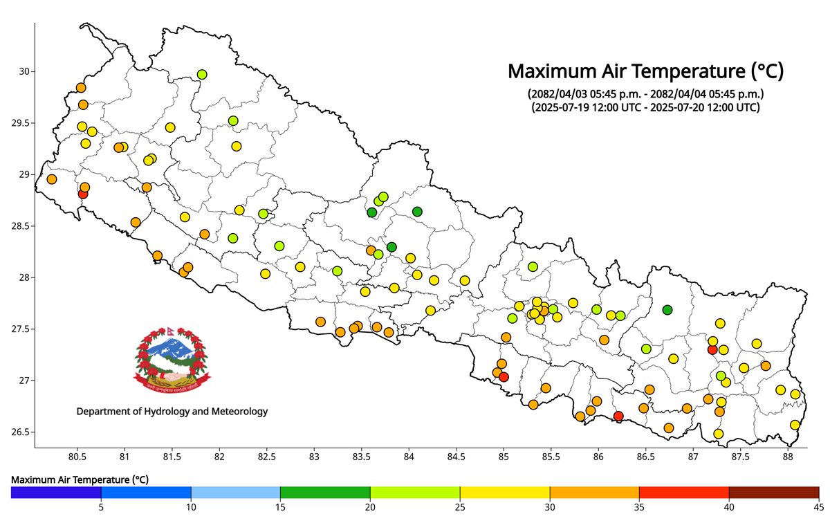 ClimateDhm's tweet image. #Daily_Weather_Summary_21st_July_2025
The highest daily precipitation (133.0mm) is recorded at Mahendranagar (Kanchanpur) today. The highest temperature (36.0°C) is recorded at Siraha (Siraha) and the lowest (11.2°C) at Humde (Manang). For more, visit dhm.gov.np/climate-