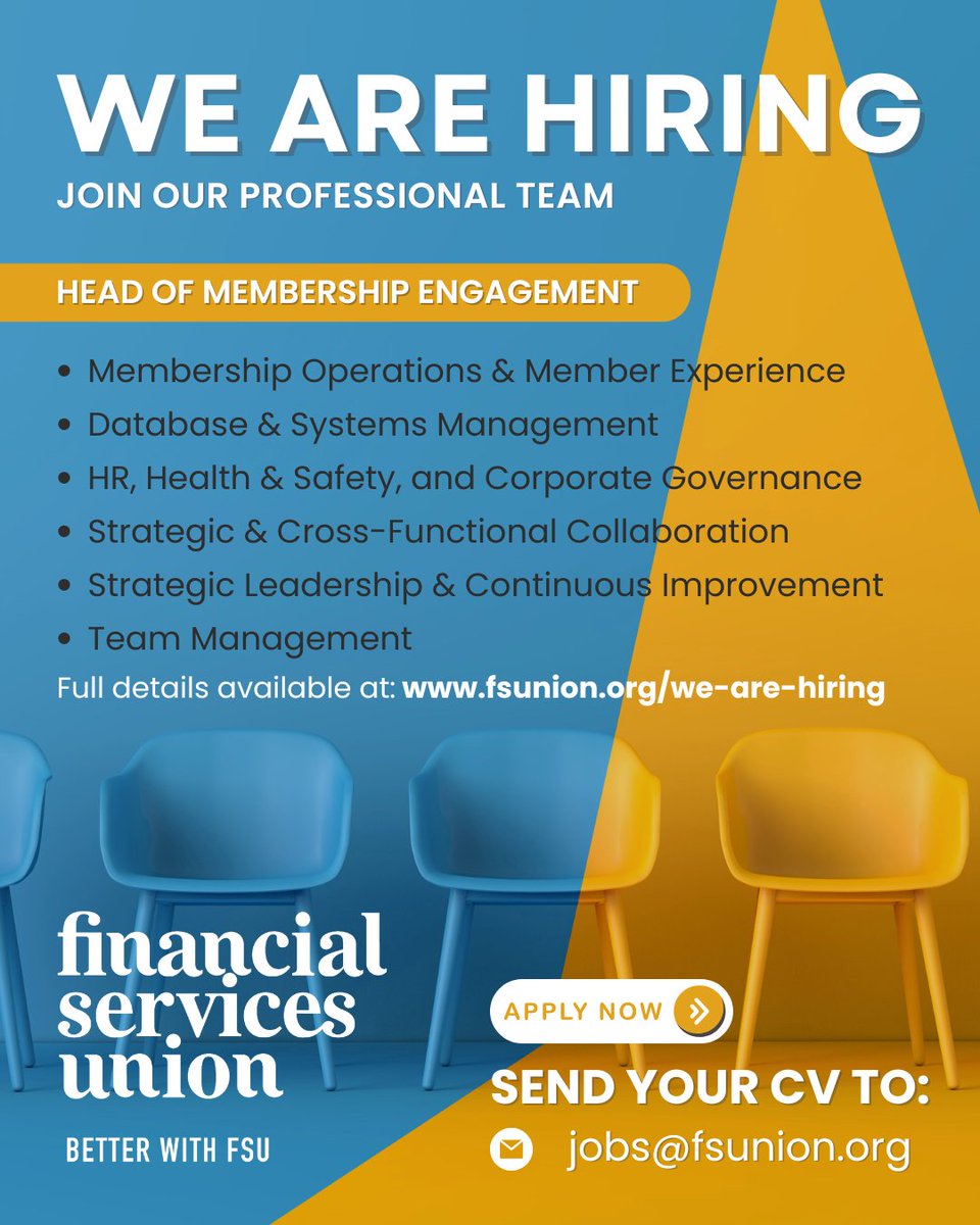 Financial Services Union (@fsuireland) on Twitter photo WE ARE HIRING
Head of Membership Engagement
📅Closing date for applications: Friday 25th July, 5pm
📧Send CV to: jobs@fsunion.org
📋Full details at: fsunion.org/we-are-hiring WE ARE HIRING
Head of Membership Engagement
📅Closing date for applications: Friday 25th July, 5pm
📧Send CV to: jobs@fsunion.org
📋Full details at: fsunion.org/we-are-hiring