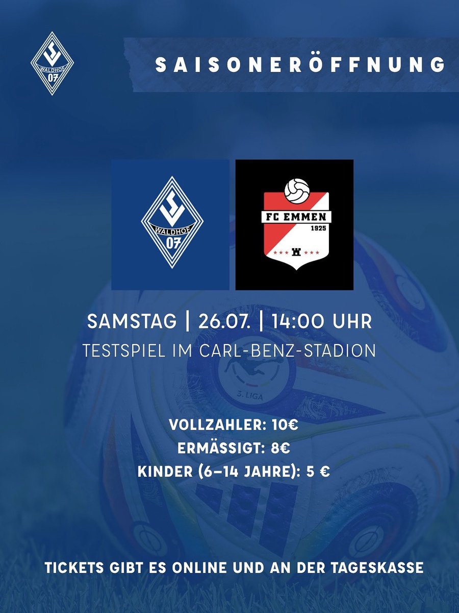 Für unser Testspiel am Samstag gegen den FC Emmen könnt Ihr Euch im Onlineshop Eure Tickets sichern 🔵⚫️
Die Tageskasse am Samstag wird ebenso geöffnet haben. ⚽️