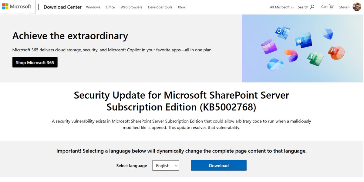 0x534c's tweet image. Microsoft has issued a security update for SharePoint Subscription Edition which mitigates CVE-2025-53770 and CVE-2025-53771. Defenders should apply the update immediately.🫡
#Cybersecurity #Sharepoint #toolshell
microsoft.com/en-us/download…