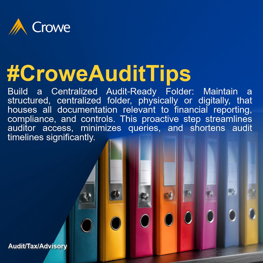 crowenigeria's tweet image. A well organized audit file reflects operational discipline and reduces audit risks.
Ensure audit readiness and uphold compliance with expert support.

For expert audit support and advisory, contact us at info@crowe.ng.

#auditsupport #auditadvisory #internalaudit #externalaudit