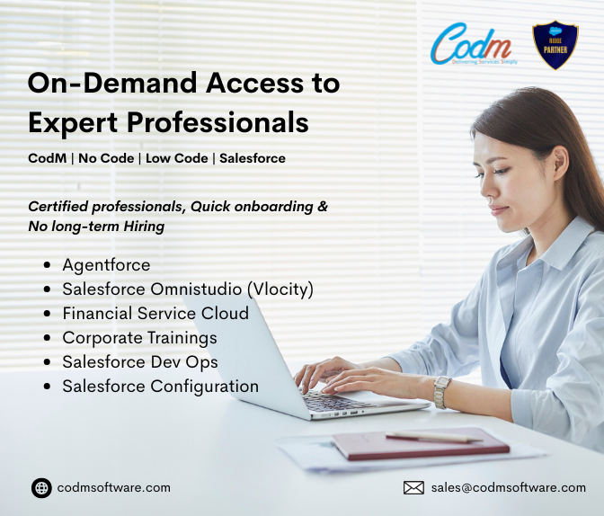 CodMSoftware's tweet photo. Looking for certified Salesforce talent without long-term hiring?
CodM offers on-demand experts in OmniStudio, Financial Service Cloud, and more—ready to jump in when you need them.
Fast. Flexible. No strings attached.
#Salesforce #CodM #OnDemandExperts #Omnistudio #Vlocity #FSC https://t.co/BE8PTT7Mbj