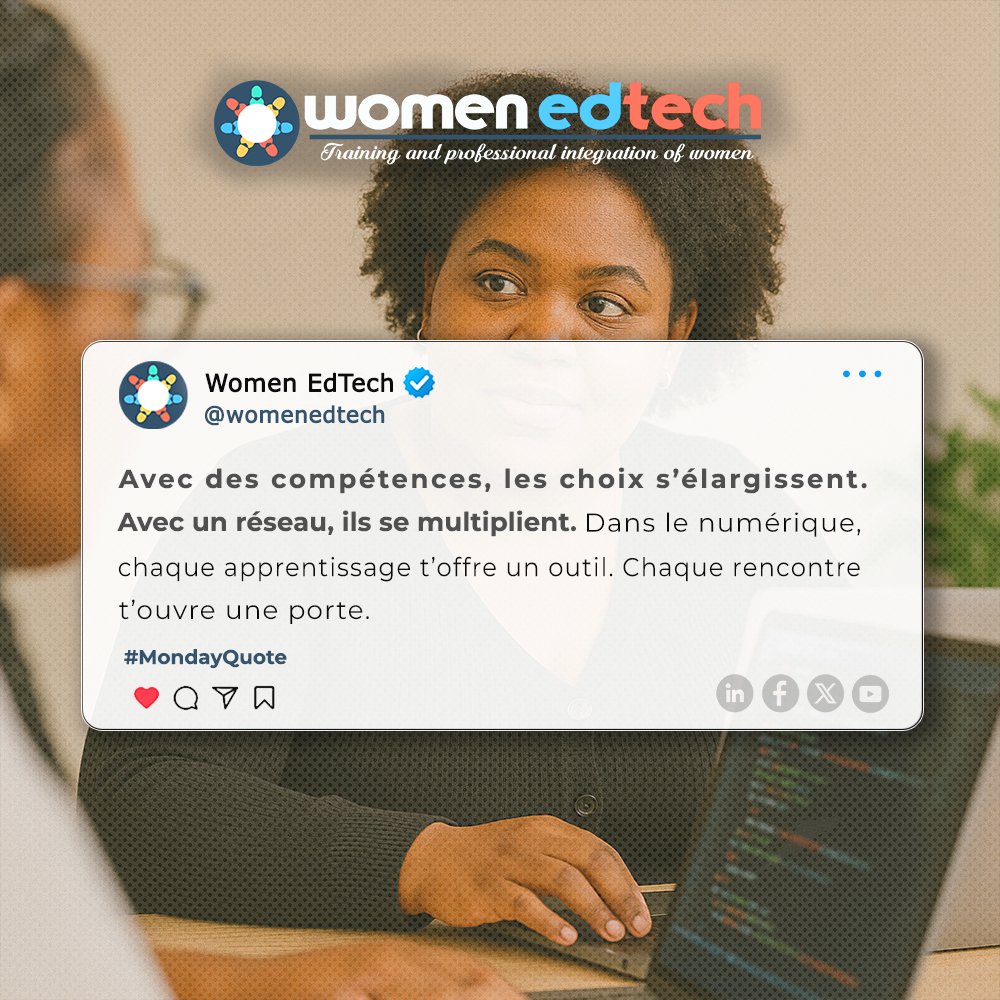 womenedtech's tweet image. 🚀 Chez @womenedtech, tu apprends à construire, à oser, à t’entourer.

#MondayQuote #TechAfricaine #WomenEdTech