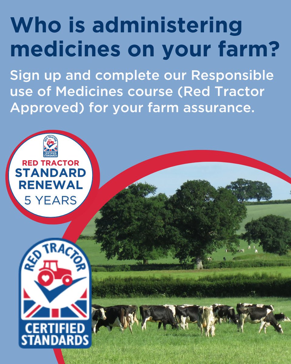 FarmIQUK's tweet photo. Animal medicines play an important role in the control and prevention of disease and animal suffering but have the potential to cause harm if not used properly. 
Minimise any risk by signing up to our 'Responsible Use of Medicines' course. https://t.co/8EaN8WFo8U 
#redtractor https://t.co/4iHCFQW4Qw