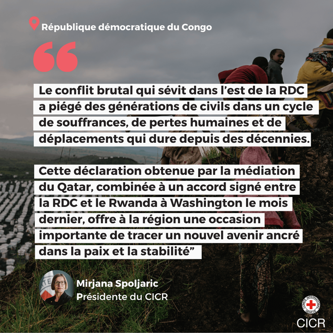 CICR_fr's tweet image. Le CICR est prêt à faciliter la libération de personnes détenues en lien avec le conflit dans le cadre d’une déclaration convenue entre la République démocratique du Congo et l’Alliance du Fleuve Congo/Mouvement du 23 mars (AFC/M23).
En savoir plus 👉🏼 ms.spr.ly/6017sDrPT