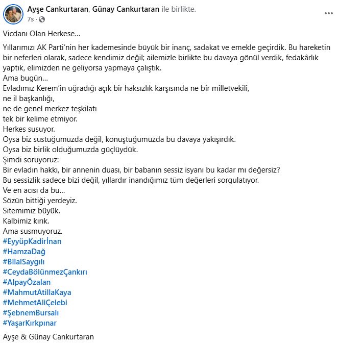 Oğlu mülakatta elenen ve haksızlığa uğradıklarını iddia eden AKP İzmir eski İl Başkan Yardımcısı Ayşe Cankurtaran, AKP’den hiçbir destek gelmediğini yazarak isyan etti.⁩