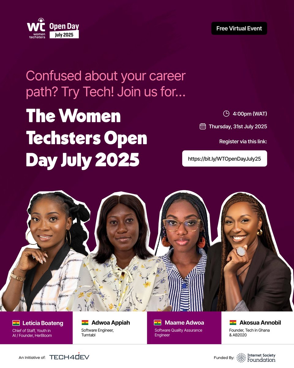 Tech4DevHQ's tweet image. Do you want to build your career and you don’t know how or where to start? Try Tech today!
Join us for the Women Techsters Open Day, a monthly virtual event held on the last Thursday of every month, created to inspire and support women looking to break into tech.
Hear real…