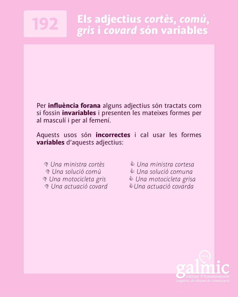 galmicuib's tweet image. 😉 Sies una persona cortesa i usa bé els adjectius! Llegeix la #FitxaLingüística 192 i sabràs per què t'ho deim!
🌐 Recorda que pots llegir la fitxa sencera al nostre web: galmic.uib.cat/fitxa/els-adje…