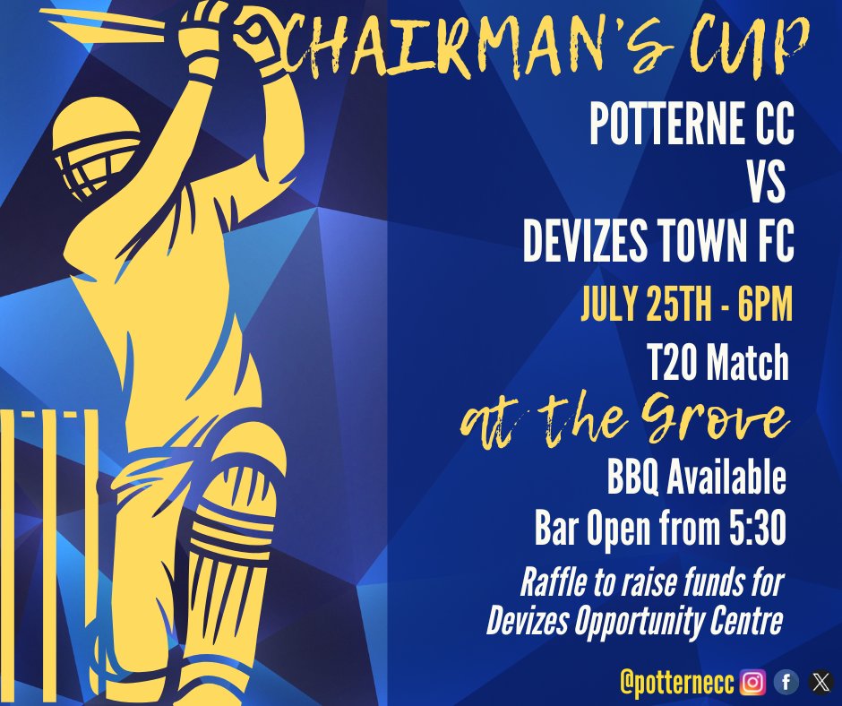 🏆 Potterne CC 🏏 takes on Devizes Town FC ⚽ in the epic Chairman's Cup T20 match on July 25th at 6 PM at The Grove!
🍔 BBQ vibes, 🍻 bar open from 5:30 PM, and 🎟️ raffle proceeds going to Devizes Opportunity Centre
#ChairmansCup #T20Cricket #PotterneCC #DevizesTownFC
