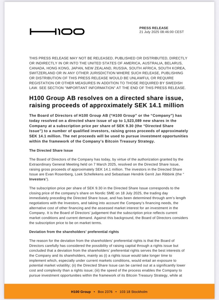 H100Group's tweet image. H100 Group has raised an additional SEK 14.1M through a directed share issue at SEK 9.30 — same as market close Friday.
