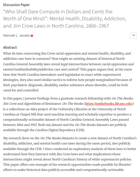 Journal of Open Humanities Data (JOHD) (@up_johd) on Twitter photo #johdpapers
A #discussionpaper to start the week!
📰“Who Shall Dare Compute in Dollars and Cents the Worth of One Mind!”: Mental Health, Disability, Addiction, and Jim Crow Laws in North Carolina, 1866–967
🖊️<a href="/SarahALang_/">Sarah Lang</a>
➡️doi.org/10.5334/johd.2…
#TEI #lexicography #MentalHealth #johdpapers
A #discussionpaper to start the week!
📰“Who Shall Dare Compute in Dollars and Cents the Worth of One Mind!”: Mental Health, Disability, Addiction, and Jim Crow Laws in North Carolina, 1866–967
🖊️<a href="/SarahALang_/">Sarah Lang</a>
➡️doi.org/10.5334/johd.2…
#TEI #lexicography #MentalHealth