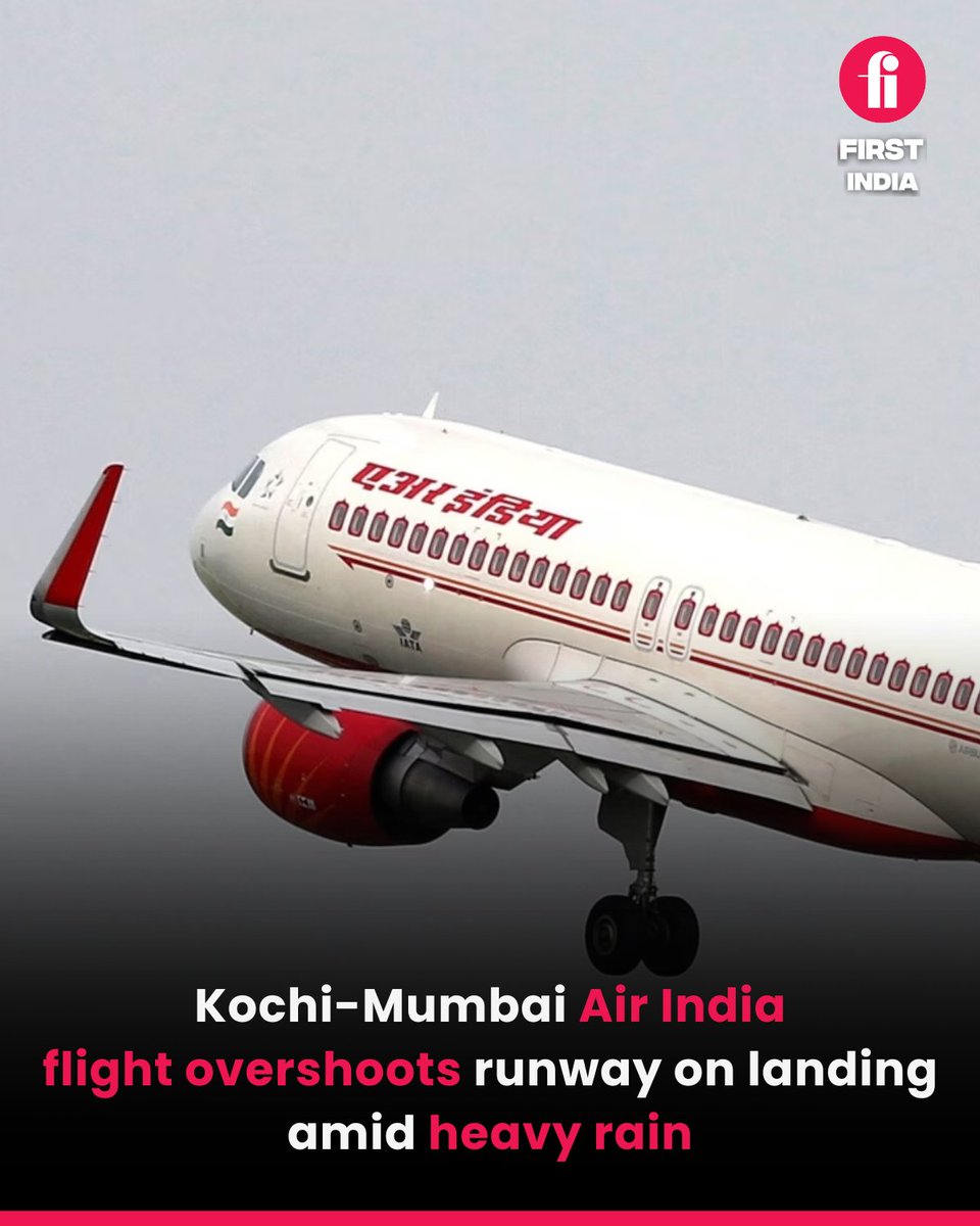 thefirstindia's tweet image. Air India flight, AI 2744 A320 (VT-TYA) experienced a runway excursion upon landing at Mumbai Airport amid heavy rainfall in the city.

#AirIndia #FlightAI2744 #RunwayExcursion #MumbaiAirport #HeavyRainfall #VT_TYA #AviationIncident #MonsoonDisruption #FlightSafety