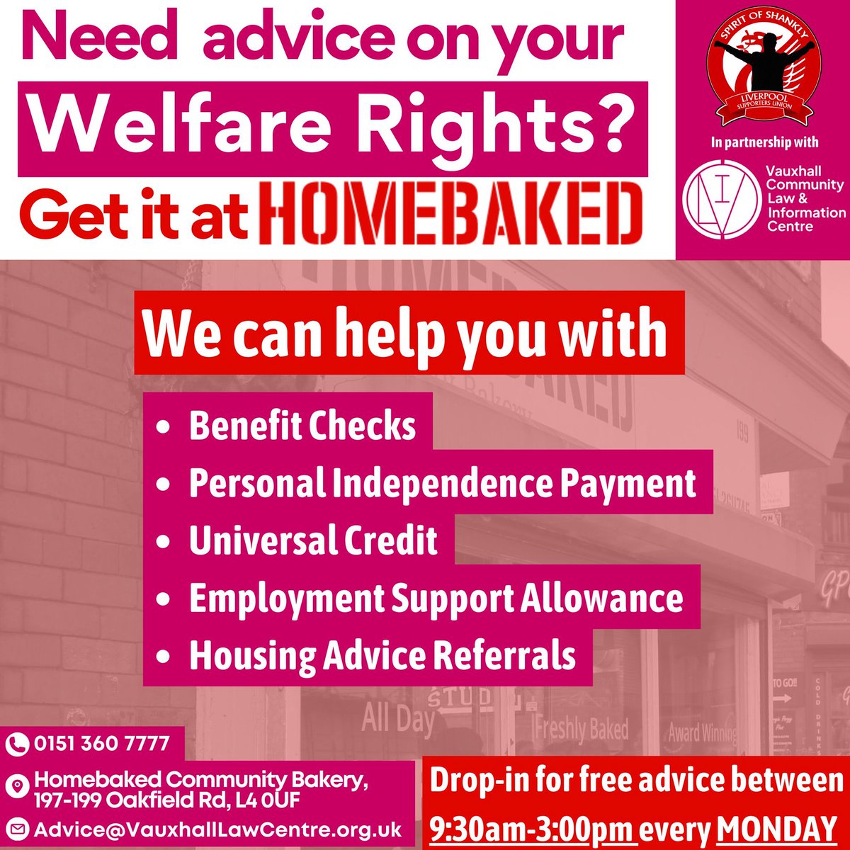 HomebakedBakery's tweet image. Welfare Benefit advice from @VLCLiverpool .  Feel free to drop in any time between 9:30 AM and 3 PM for free advice on your welfare rights. 

Thanks to @VLCLiverpool and @spiritofshankly for providing this service at our community bakery 

#AccessToJustice