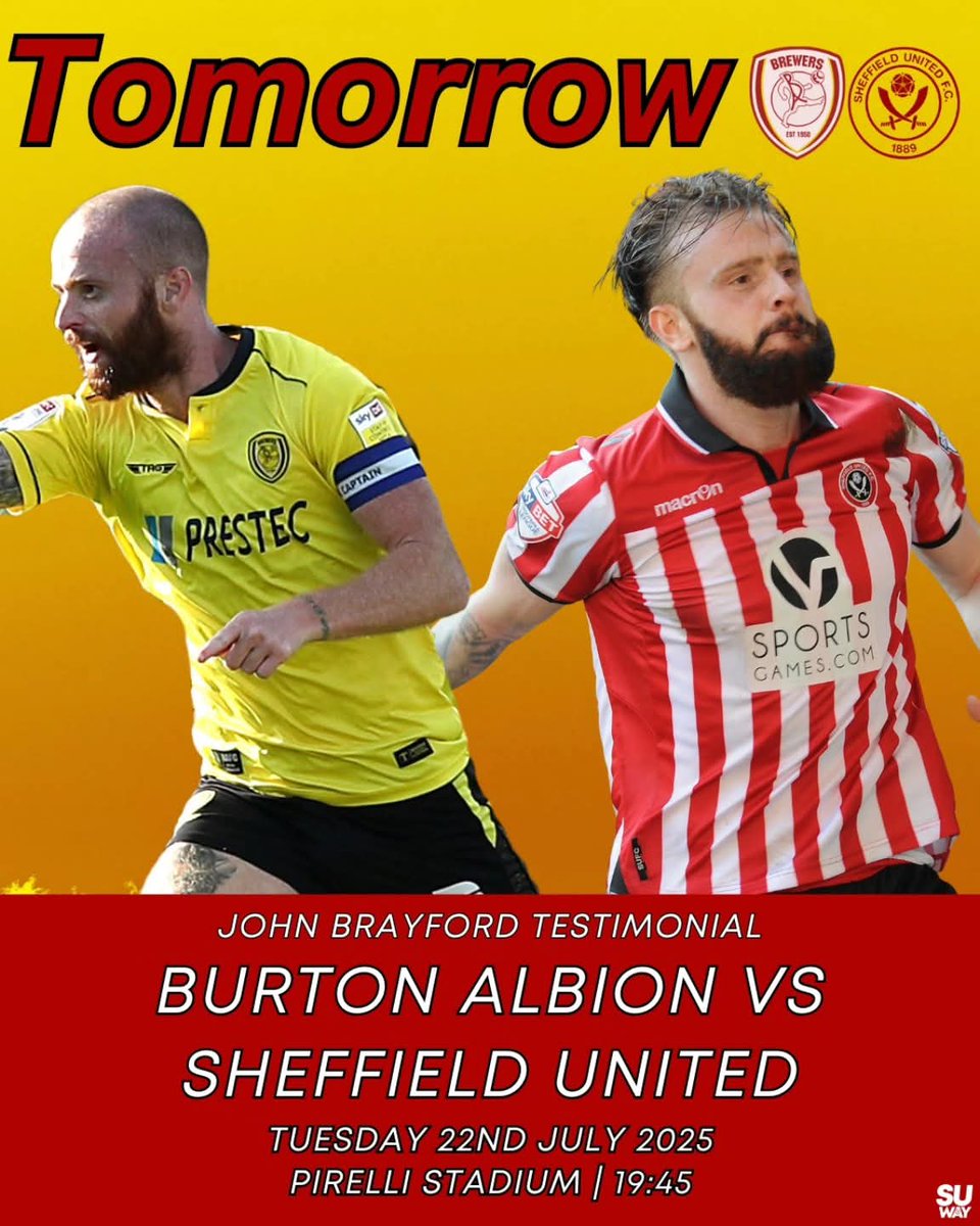 SheffUnitedWay's tweet image. Tomorrow 🛣
The Blades travel to the Pirelli Stadium for John Brayford's testimonial and the third preseason game of 2025-2026.
Score predictions?
#sufc #SheffieldUnited #Blades #utb #burtonfc #bafc #brewers