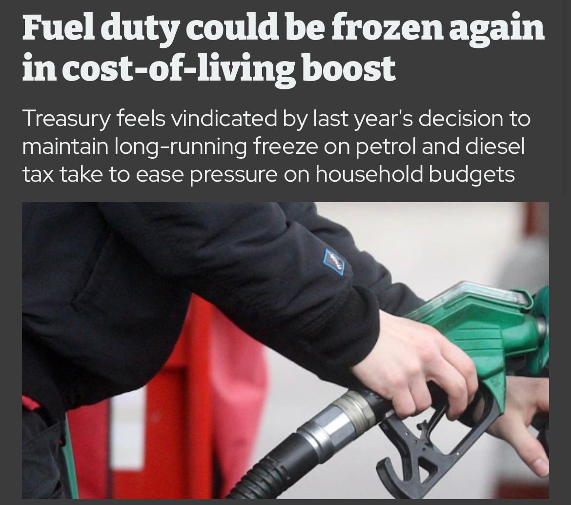colinwalker79's tweet image. "Fuel duty could be frozen again in cost-of-living boost"
Every time the Treasury 'freezes' fuel duty it is actually cutting it, because it's not increasing fuel duty in line with inflation
A true 'freeze' would be if fuel duty rose in line with inflation every year