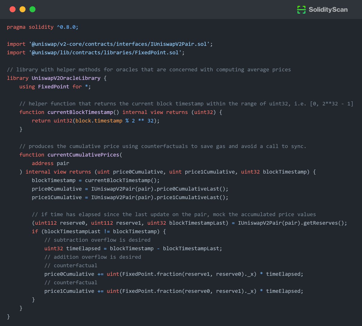 SolidityScan's tweet photo. Bob just patched the classic Uniswap V2 oracle library by upgrading it to pragma solidity ^0.8.0. He says it protects against old arithmetic bugs. Can you spot the high-risk bug?

Take on the #FindTheBug challenge and uncover the flaw!

#SmartContracts #BugHunt #Web3