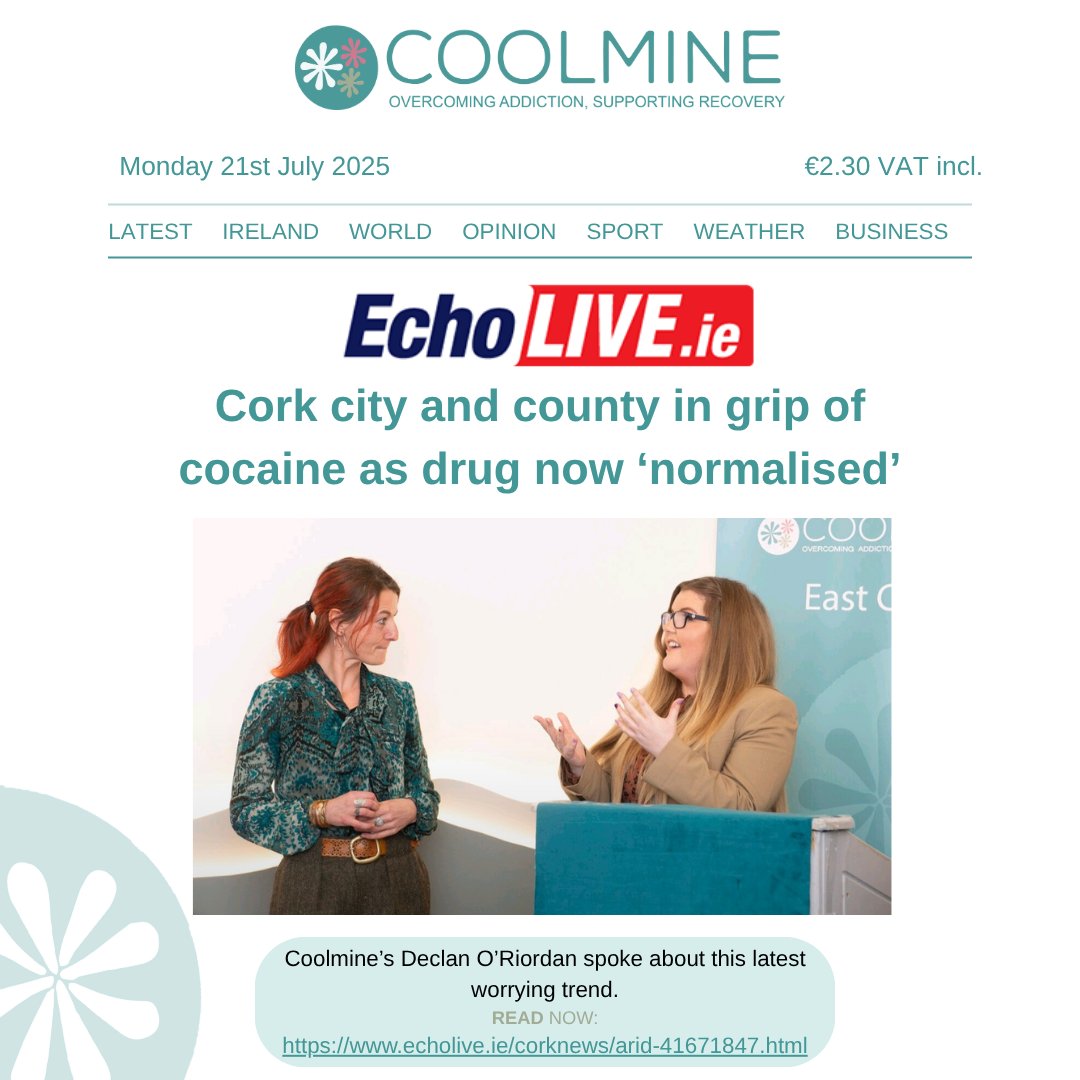 CoolmineTC's tweet image. Coolmine’s Declan O’Riordan spoke to The Echo about the dramatic rise in cocaine use across Cork.
You can read the full article at the link below:
echolive.ie/corknews/arid-…
#Coolmine #RecoveryIsPossible #CocaineAwareness #Cork #AddictionSupport #HarmReduction #MentalHealth