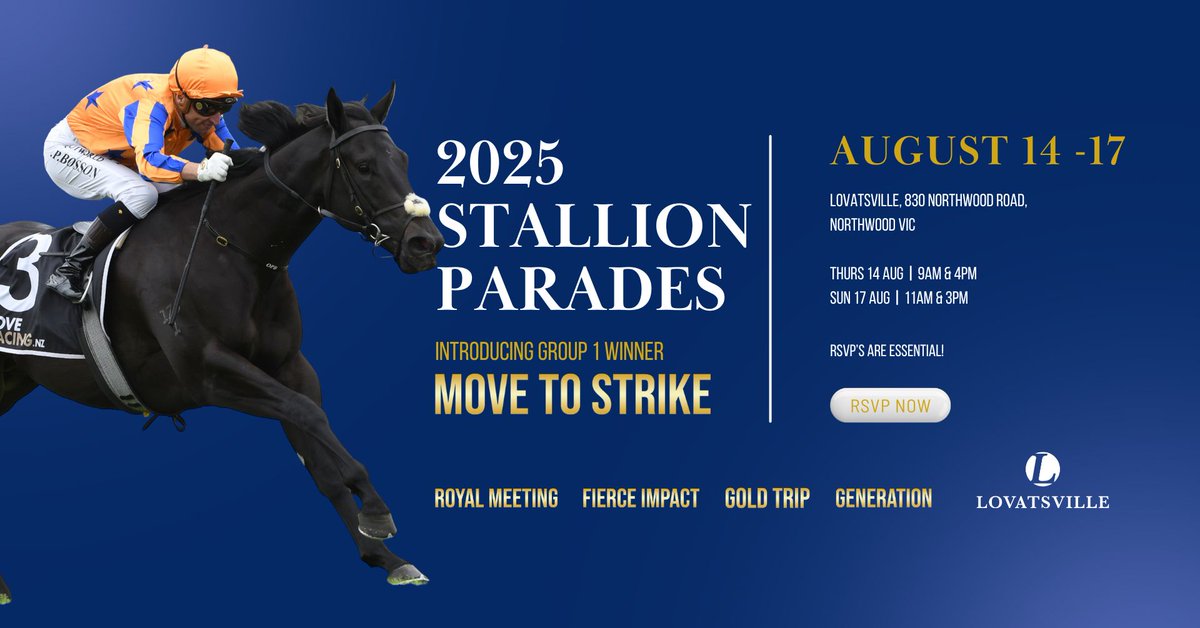 Join us at Lovatsville this August to see our exciting stallion roster -  introducing new G1-winning 2YO, 𝐌𝐎𝐕𝐄 𝐓𝐎 𝐒𝐓𝐑𝐈𝐊𝐄.

🗓️ Aug 14 &amp; 17 | AM &amp; PM sessions

🎟️ RSVP essential: bit.ly/46AGLGa