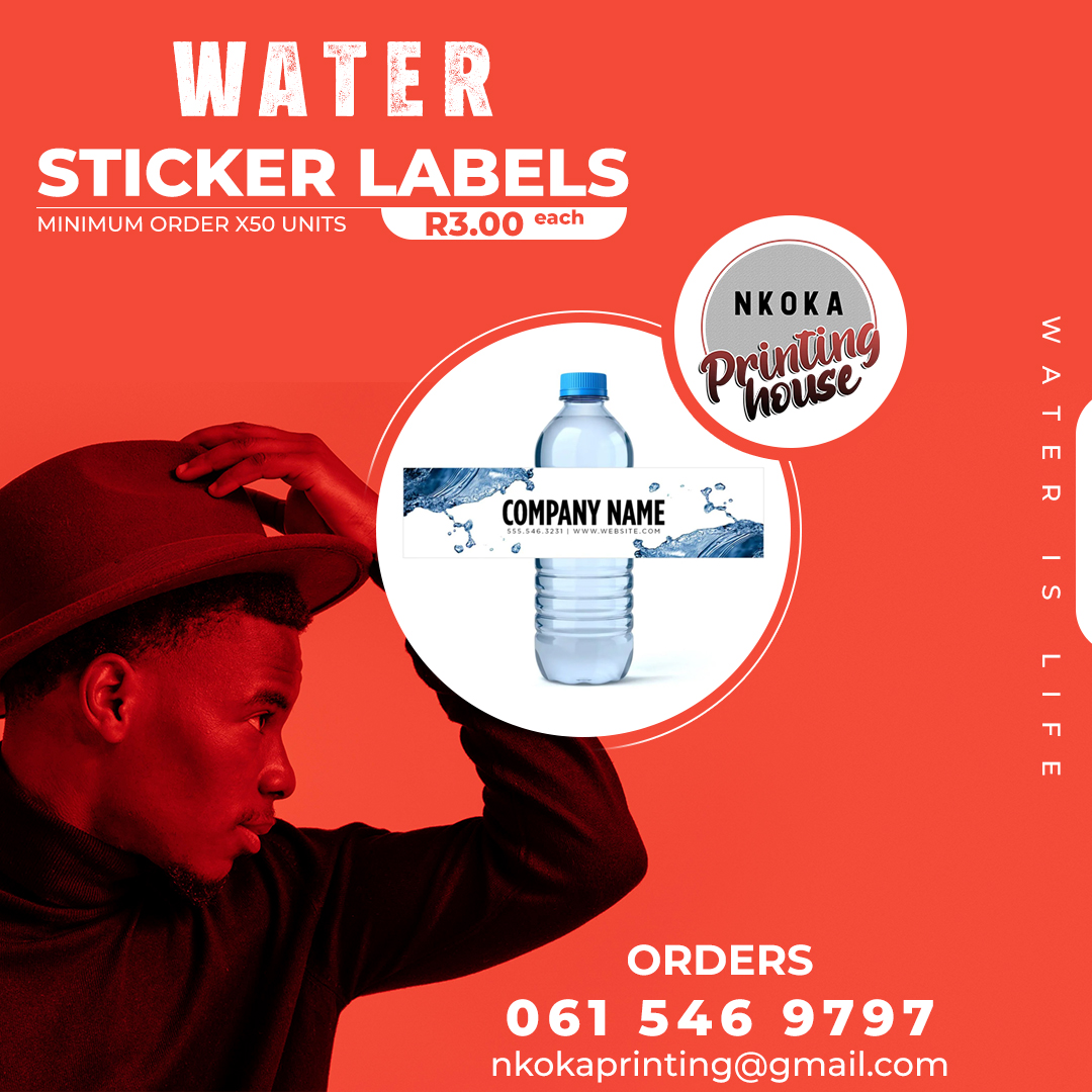 Perfect for your Business, Brand or Organization.

Get Creative Water Stickers. Min order X50

Bottled Water also available - Order 061 546 9797

#Nkoka #DesignPablo #Mabopane #creative #Printing