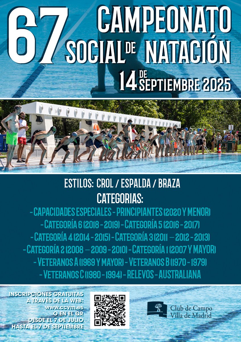 🏊 ¡Ya puedes inscribirte al 67º Campeonato Social de Natación #RCCVM!

📍Se celebrará el domingo 14 de septiembre.

💦 Crol, espalda, braza, relevos, acuatlón y australiana para todas las edades.

👉 Inscripciones abiertas hasta el 7 de septiembre: f.mtr.cool/qgezaylhuh
