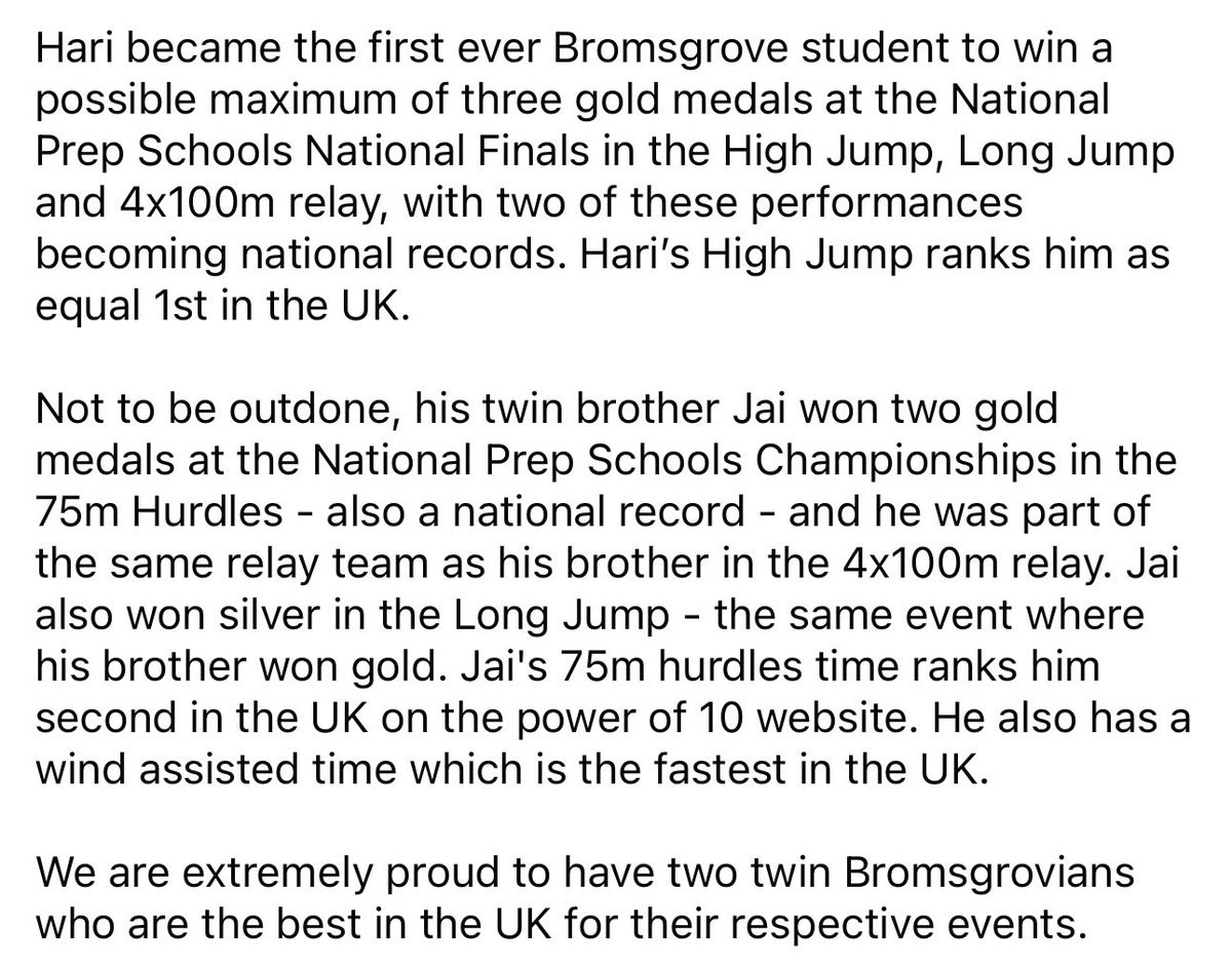 This season, two Year 7 twins - Hari and Jai V - have rewritten the record books in every way with their staggering achievements in track and field.

We are extremely proud to have two twin Bromsgrovians who are the best in the UK for their respective events.

#BromsAthletics