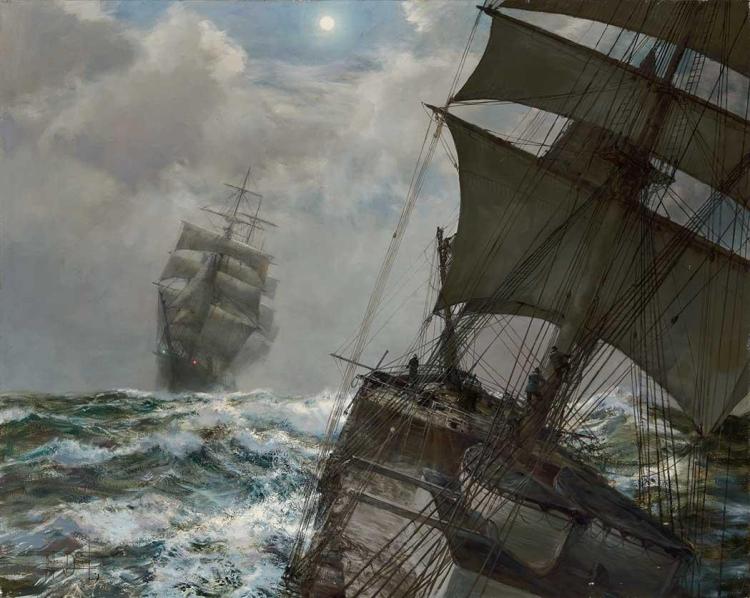 PhilipKAllan's tweet image. Two Clippers at night by Montague Dawson
#Ageofsail #MerchantNavy #Tallships