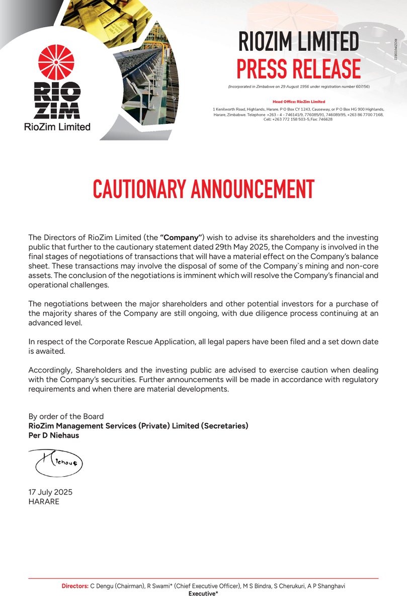 EFESECURITIES's tweet photo. RioZim Cautionary Statement https://t.co/YmnyeEM3vh