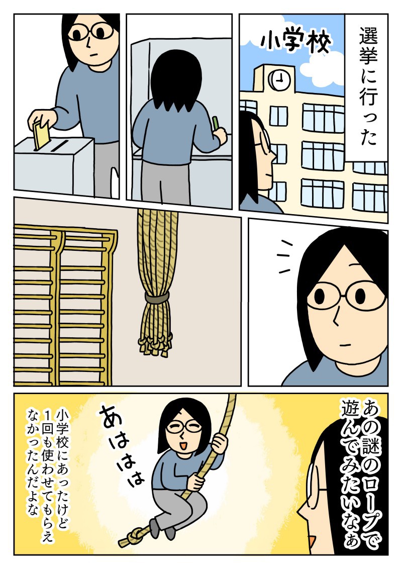 shyoushin_mono's tweet image. １回も使ったことないけど、こうやってぶら下がって遊ぶやつなのかな。
#体育館　＃コミックエッセイ