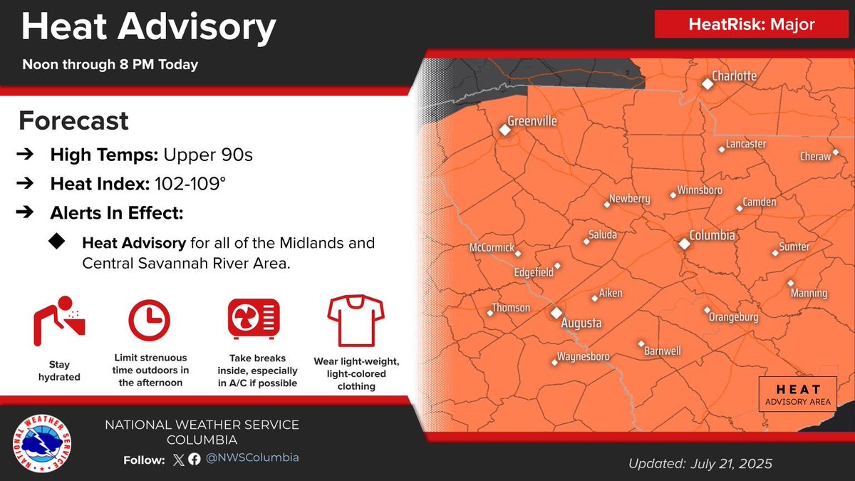A Heat Advisory is in effect this afternoon as above average temperatures and humidity lead to heat index values in the 102-108°F range. Be sure to drink plenty of water and take breaks in AC if you are spending time outdoors. #scwx #gawx
