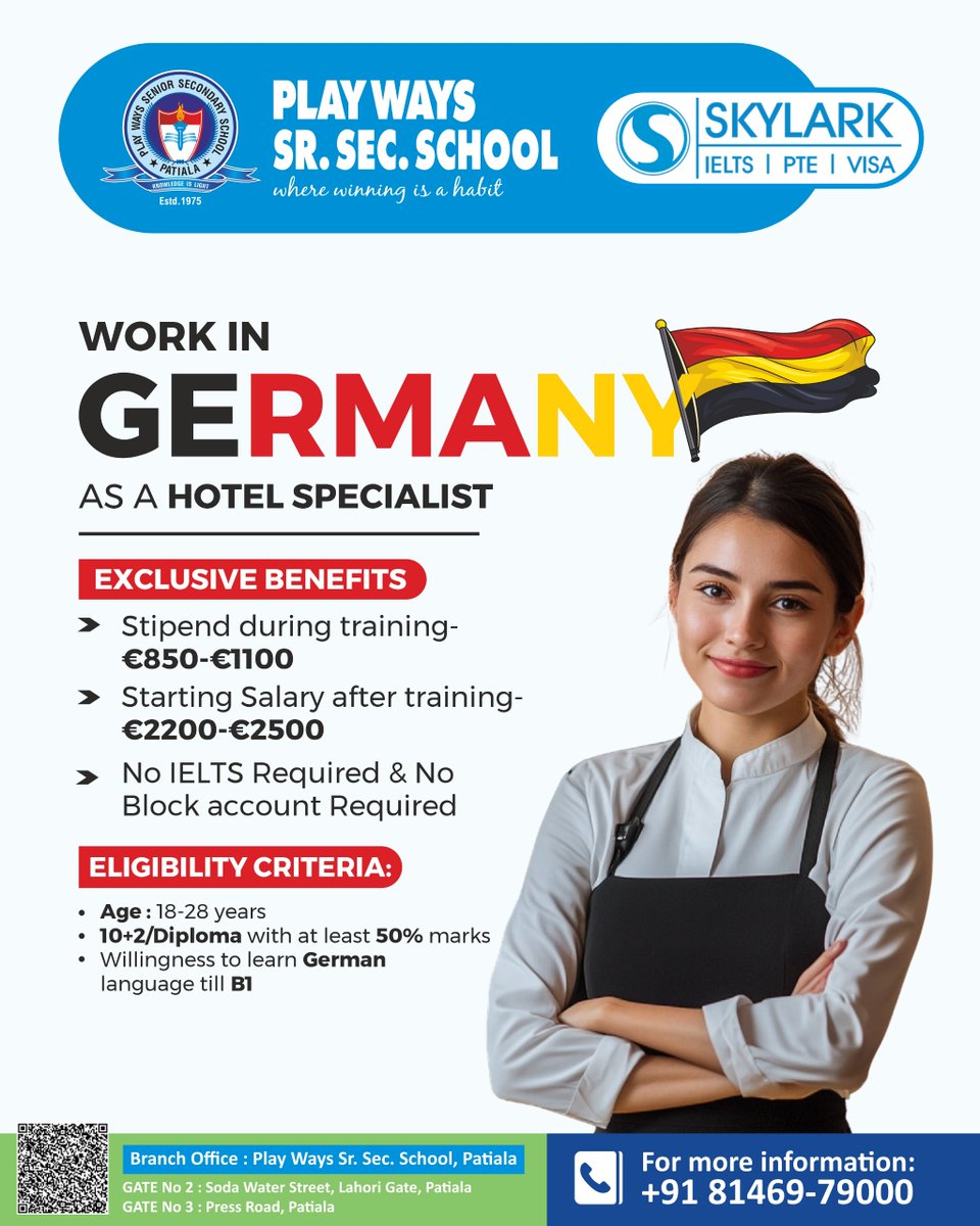 playwaysschool's tweet photo. Step into global career opportunities with Play Ways Senior Secondary School! 🌍 Now offering pathways for students to work in Germany as hotel specialists — a profession in high demand. #WorkInGermany #CareerWithConfidence #playwaysglobal #playwaysschool #GermanyOpportunities https://t.co/Y07jTUO2iz