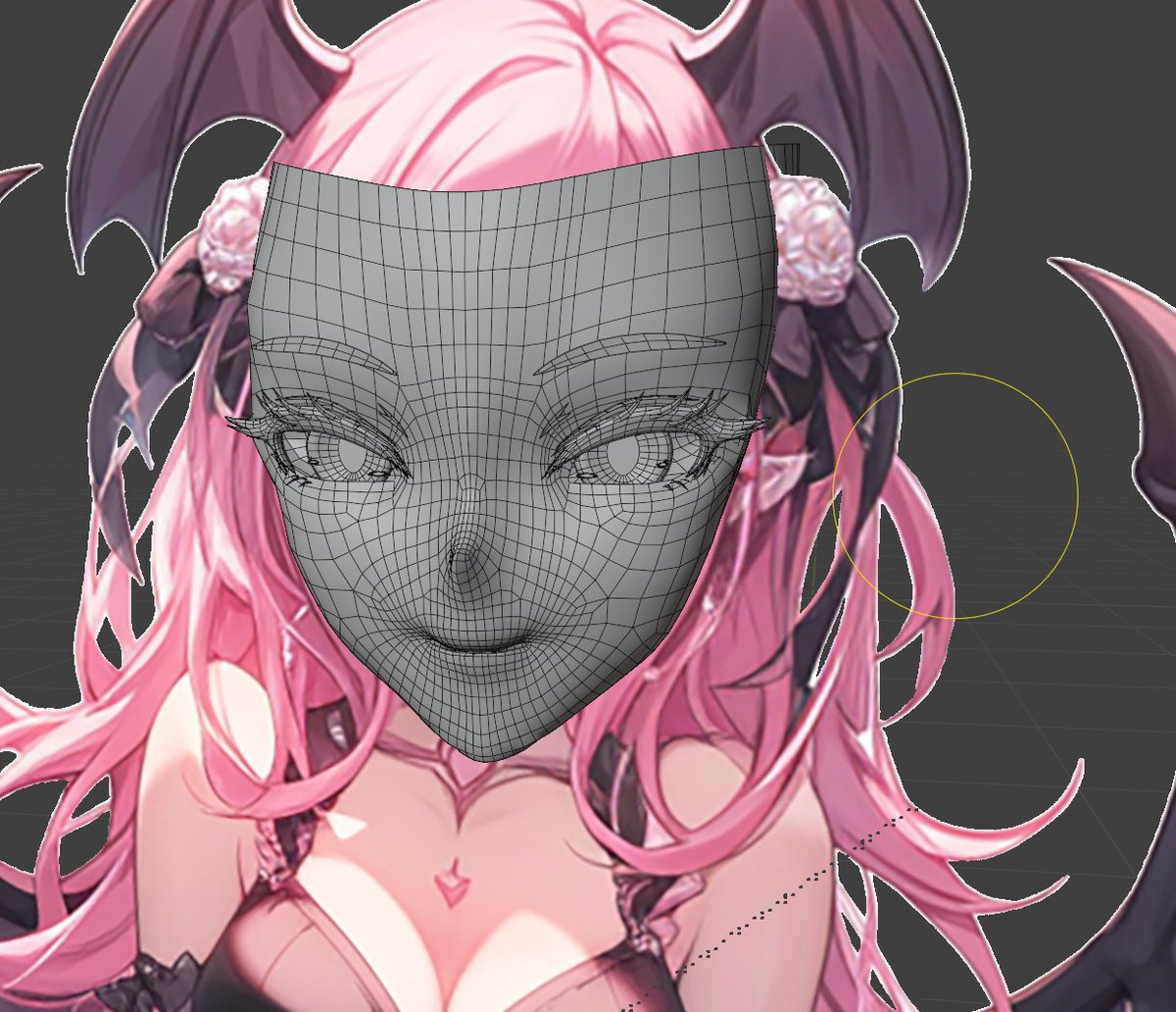 Pursu777's tweet image. got in my head so bad during texturing the last face. stayed up all night remaking it to be more true to the vision of the anime stylization from vtubers and gacha games. Sneak peak at the model ;)