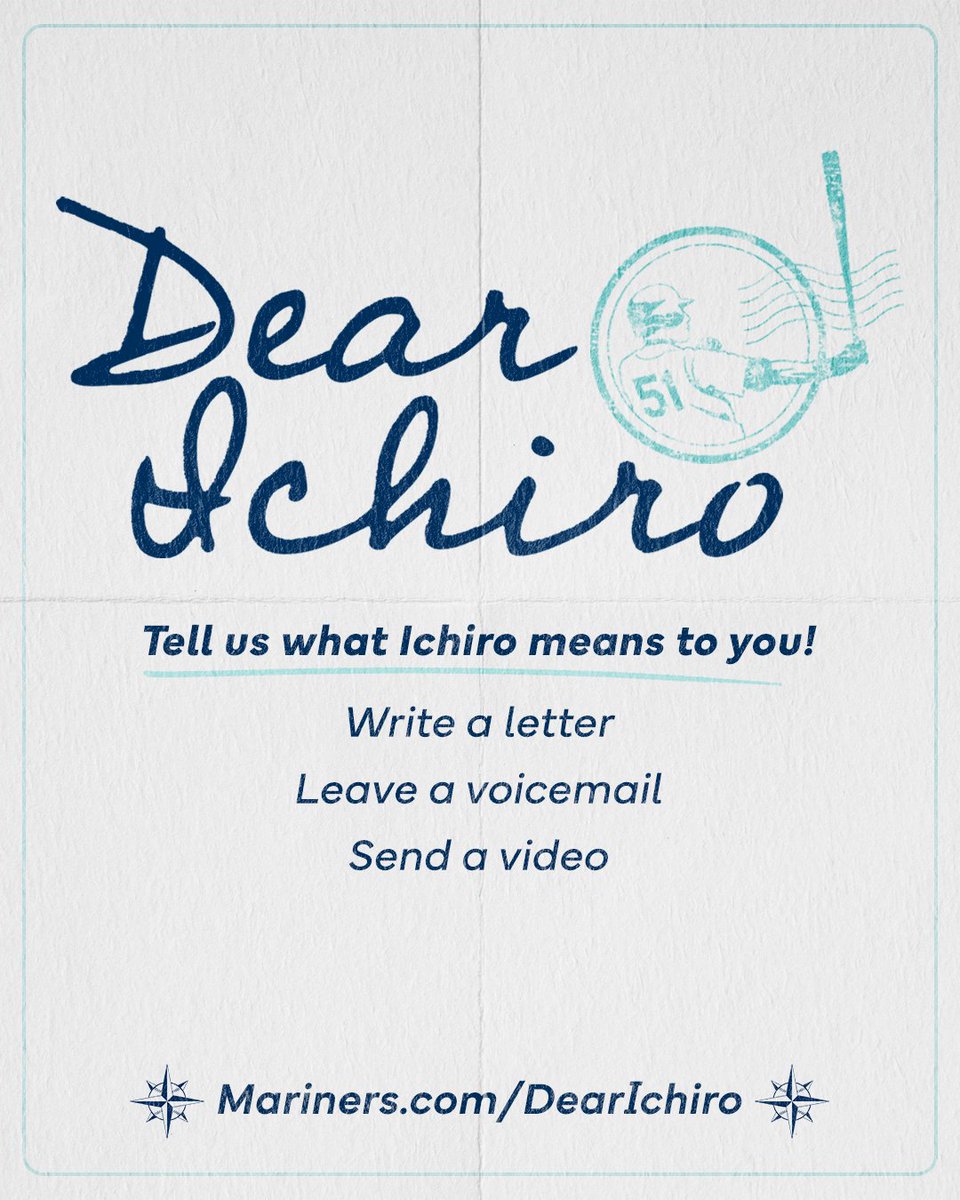 Mariners's tweet image. We’re less than a week away from Ichiro’s induction into Cooperstown!
Ichiro’s Hall of Fame career is filled with unforgettable moments. We want to hear your favorites. Send us a letter, voicemail or video and it may be included in a tribute to 5️⃣1️⃣.
🔗 Mariners.com/DearIchiro