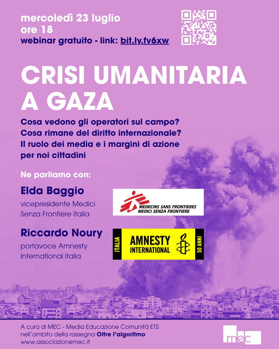 amnestyitalia's tweet image. Mercoledì 23 luglio webinar sulla crisi umanitaria a Gaza con Elda Baggio di @MSF_ITALIA e il nostro portavoce @RiccardoNoury. Dettagli in locandina 👇