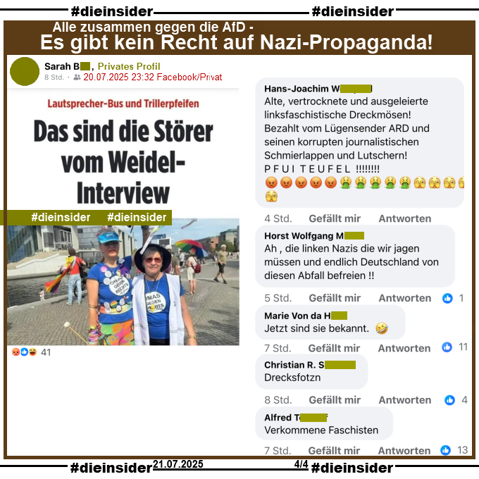 Die_Insider's tweet image. Die #AfD und "ihre" #Meinungsfreiheit!
Was mit Menschen passieren soll, die gegen die #AfD protestieren, seht ihr in den Kommentaren! #OmasGegenRechts
#LautGegenNazis #AfDVerbot #Sommerinterview
#KeineWiederholung #EinmalWarSchonEinmalZuviel
#GemeinsamGegenHass #DieInsider