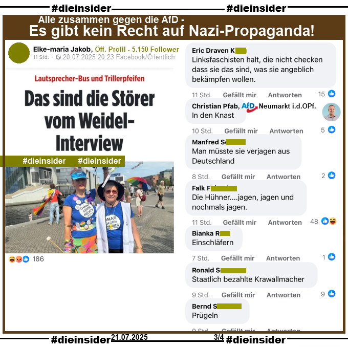 Die_Insider's tweet image. Die #AfD und "ihre" #Meinungsfreiheit!
Was mit Menschen passieren soll, die gegen die #AfD protestieren, seht ihr in den Kommentaren! #OmasGegenRechts
#LautGegenNazis #AfDVerbot #Sommerinterview
#KeineWiederholung #EinmalWarSchonEinmalZuviel
#GemeinsamGegenHass #DieInsider