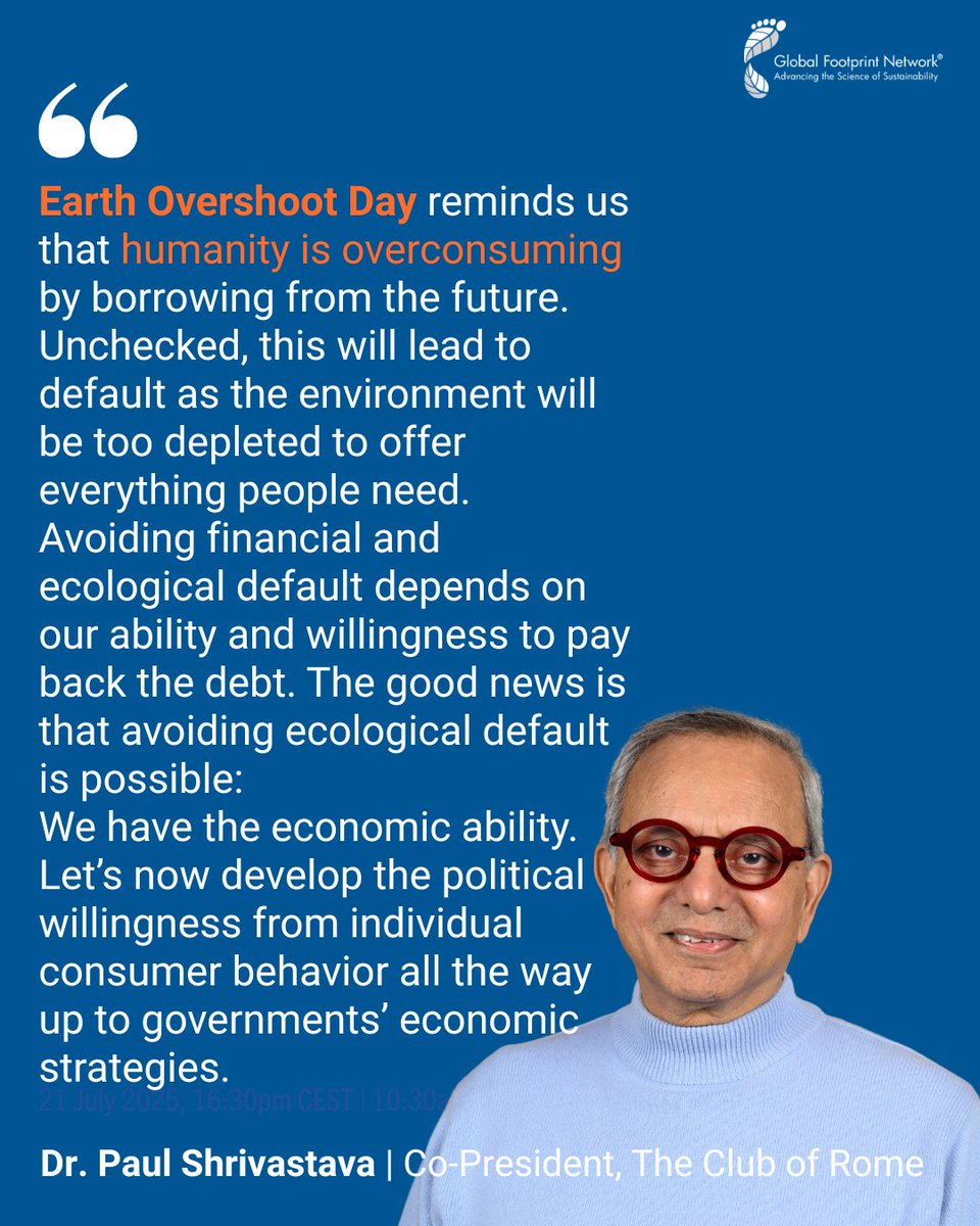 EndOvershoot's tweet image. Join us today 4 a chat in preparation of #EarthOvershootDay.
👇
clubofrome.org/events/eod2025/
By this Thursday, 24 July, humanity will have used more from nature than Earth can regenerate in a year. That means we’re living as if we had 1.8 planets & pushing well past nature’s limits.