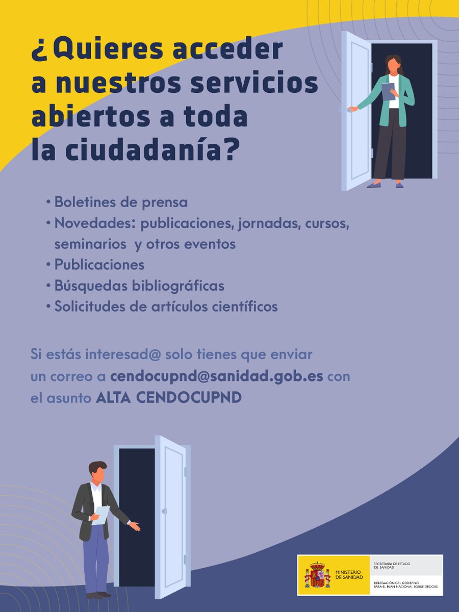 PNSDgob's tweet image. 🧭 La ayuda que necesitas está más cerca de lo que crees.
Accede a los recursos y servicios del CENDOC-UPND.
📧 Solicita el alta escribiendo a
cendocupnd@sanidad.gob.es con el asunto: ALTA CENDOCUPND
#InformaciónÚtil #SaludPública
