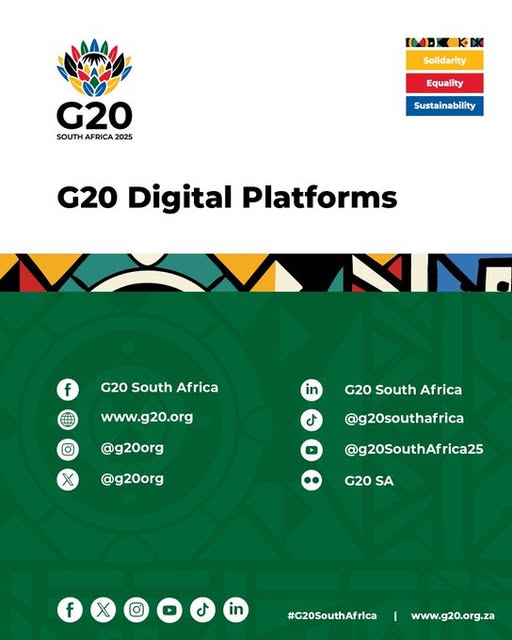 GCISGauteng's tweet image. South Africa has assumed the presidency of the Group of Twenty (G20) from 1 December 2024 until 30 November 2025. South Africa has adopted as the theme for its G20 Presidency: Solidarity, Equality, Sustainability. Follow all #G20SouthAfrica 2025 Presidency developments on digital
