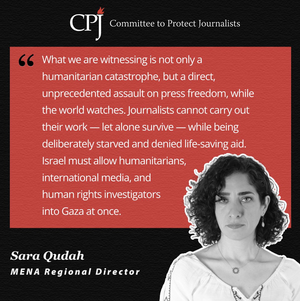CPJMENA's tweet image. #Gaza: Journalists cannot carry out their work — let alone survive — while being deliberately starved and denied life-saving aid.
#غزة: لا يمكن للصحفيين القيام بعملهم – ناهيك عن البقاء على قيد الحياة – وهم يُجوّعون عمدًا ويُحرمون من المساعدات المنقذة للحياة.