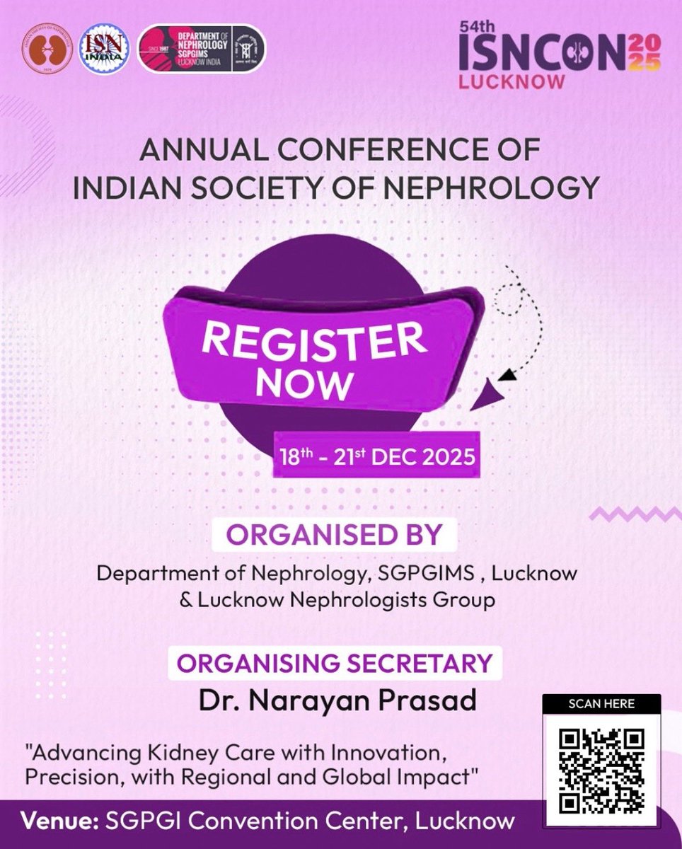 Isncon25's tweet image. π’ Register Now!
Join us for ISNCON 2025 β 54th Annual Conference of the Indian Society of Nephrology
π 18thβ21st December 2025 |
π SGPGIMS, Lucknow
Scan the QR to book your spot!
#ISNCON2025 #Nephrology #MedicalConference #RegisterNow