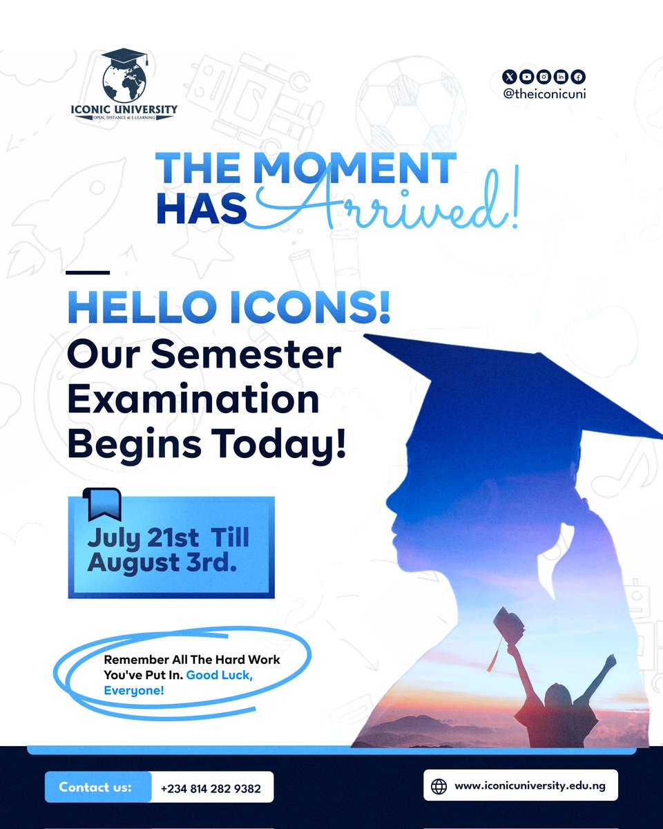 TheIconicUni's tweet image. Hello Icons! Our semester examination begins today July 21st till August 3rd. Remember all the hard work you&apos;ve put in. Good luck,everyone!

#IconicUniversity #Exam #Openlearning #Openuniversity