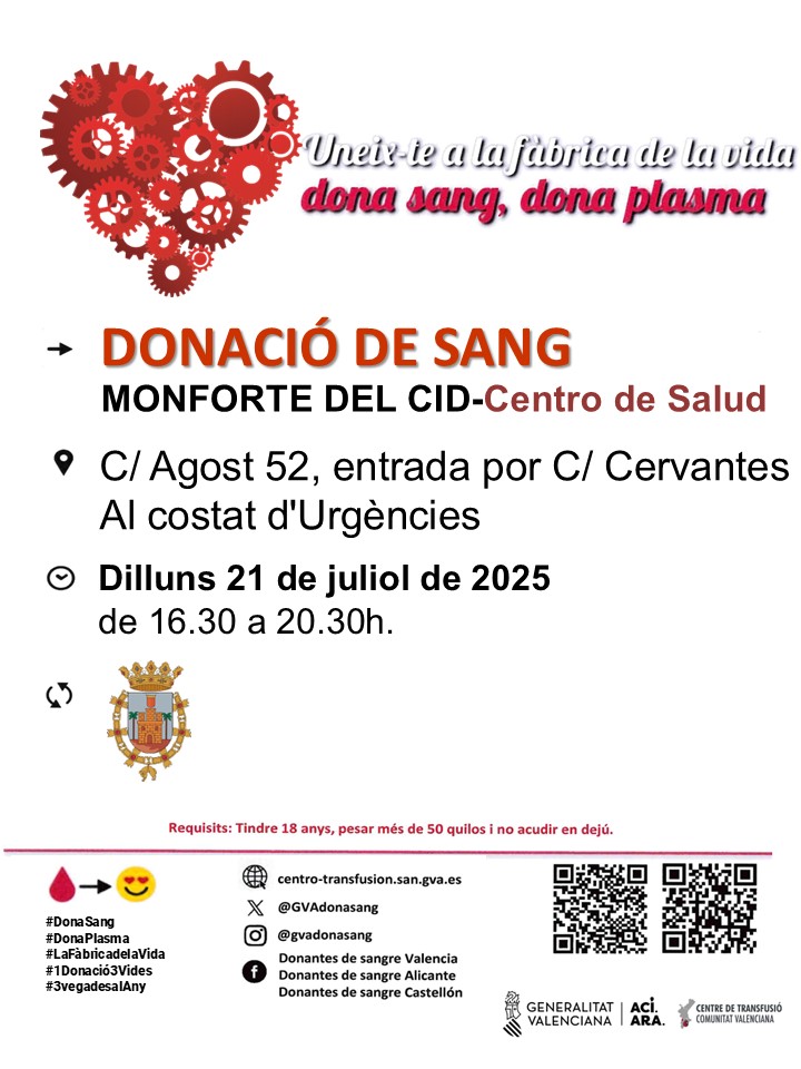 GVAdonasang's tweet image. Dona sang a #MonforteDelCid
📅dilluns #21Juliol
Les donacions regulars de sang són imprescindibles per a garantir la disponibilitat de sang als hospitals.

#DonaSang ,#DonaPlasma
Este estiu  #CompartixVida🩸