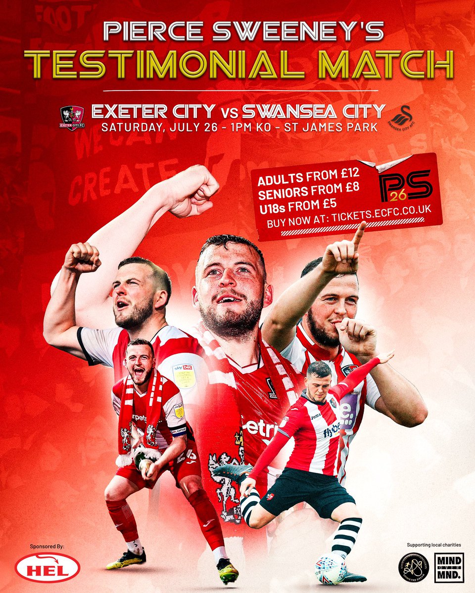 Exeter City Supporters’ Trust (@ecfcst) on Twitter photo We can’t wait to welcome you back to SJP this Saturday for <a href="/ps26testimonial/">Pierce Sweeney Testimonial</a> against <a href="/SwansOfficial/">Swansea City AFC</a> 😍
Be part of it and support club legend <a href="/piercesweenz/">Pierce Sweeney</a> 🇮🇪
🎟️ Buy now ➡️ exetercityfc.co.uk/PS26
#ECFC #SemperFidelis We can’t wait to welcome you back to SJP this Saturday for <a href="/ps26testimonial/">Pierce Sweeney Testimonial</a> against <a href="/SwansOfficial/">Swansea City AFC</a> 😍
Be part of it and support club legend <a href="/piercesweenz/">Pierce Sweeney</a> 🇮🇪
🎟️ Buy now ➡️ exetercityfc.co.uk/PS26
#ECFC #SemperFidelis