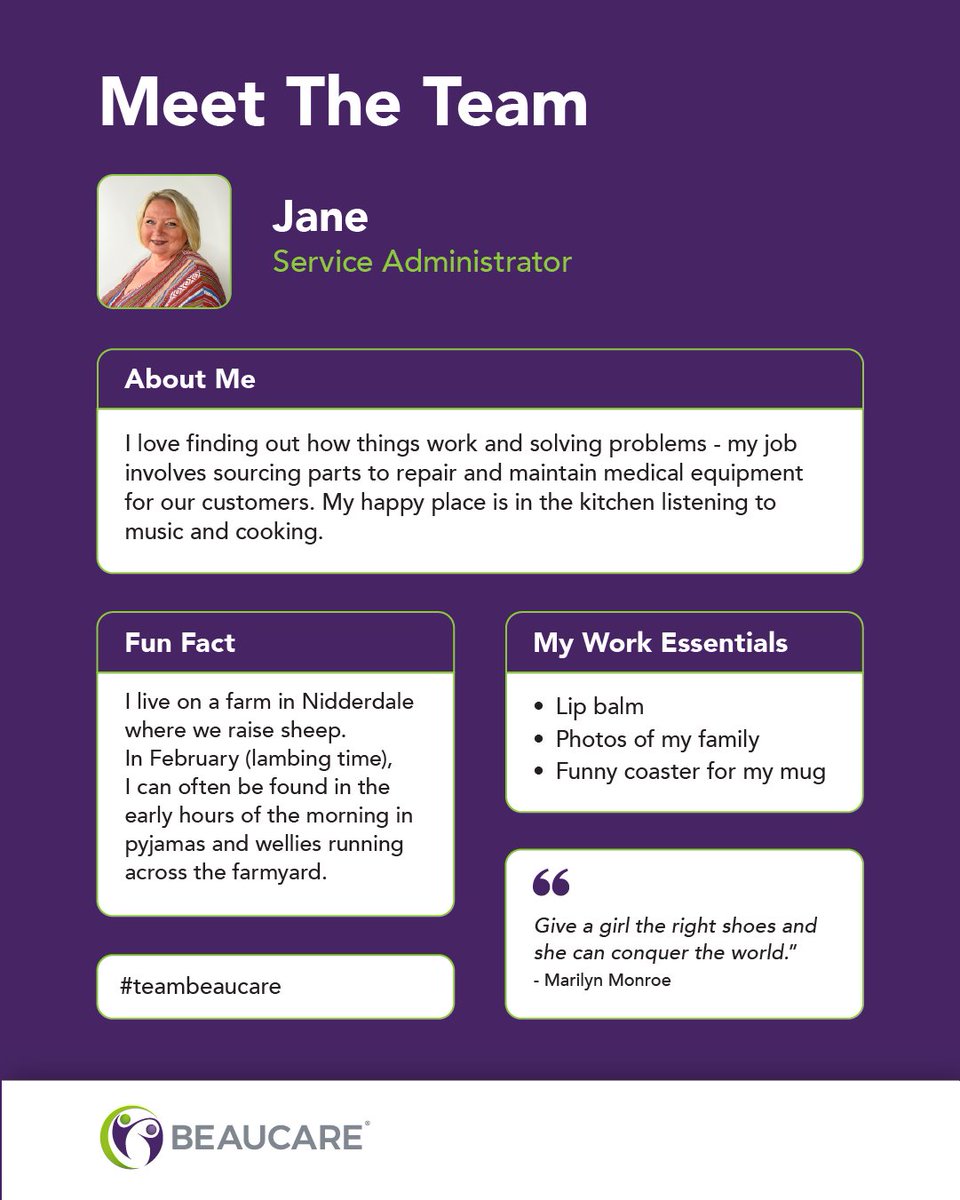🌟Say hello to our new Meet the Team series, where we showcase the people behind Beaucare.

We’re starting off strong with Jane, our brilliant Service Administrator (and part-time farmyard sprinter🐑)

More introductions coming soon💜

#Beaucare #MeetTheTeam