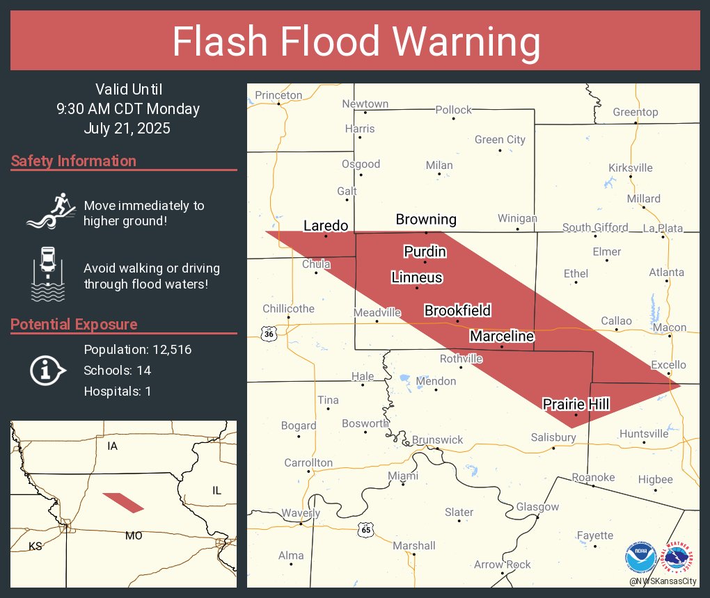 NWSKansasCity's tweet image. Flash Flood Warning including Brookfield MO, Marceline MO and Bucklin MO until 9:30 AM CDT