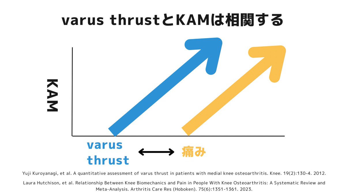 mongori37's tweet image. 膝OAの歩容といえば、外側スラスト(varus thrust)が特徴の一つです。

varus thrustはKAM(外部膝関節内反モーメント)と相関し、痛みとも相関があります。

KAMを抑制するためのポイントの1つが脛骨内旋による中心靱帯安定化機構。