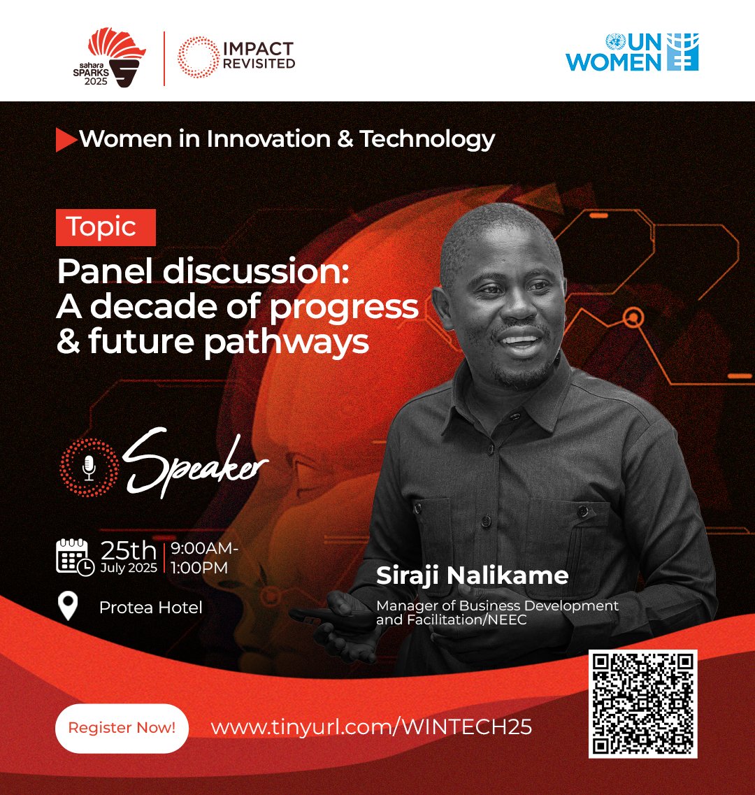 Excited to have Siraji Nalikame (NEEC) join us this Friday as a speaker! His insights on business growth &amp; empowering women entrepreneurs will shape our dialogue on a decade of progress &amp; future pathways in tech. 💼👩🏾‍💻 #SaharaSparks2025 
#ImpactRevisited